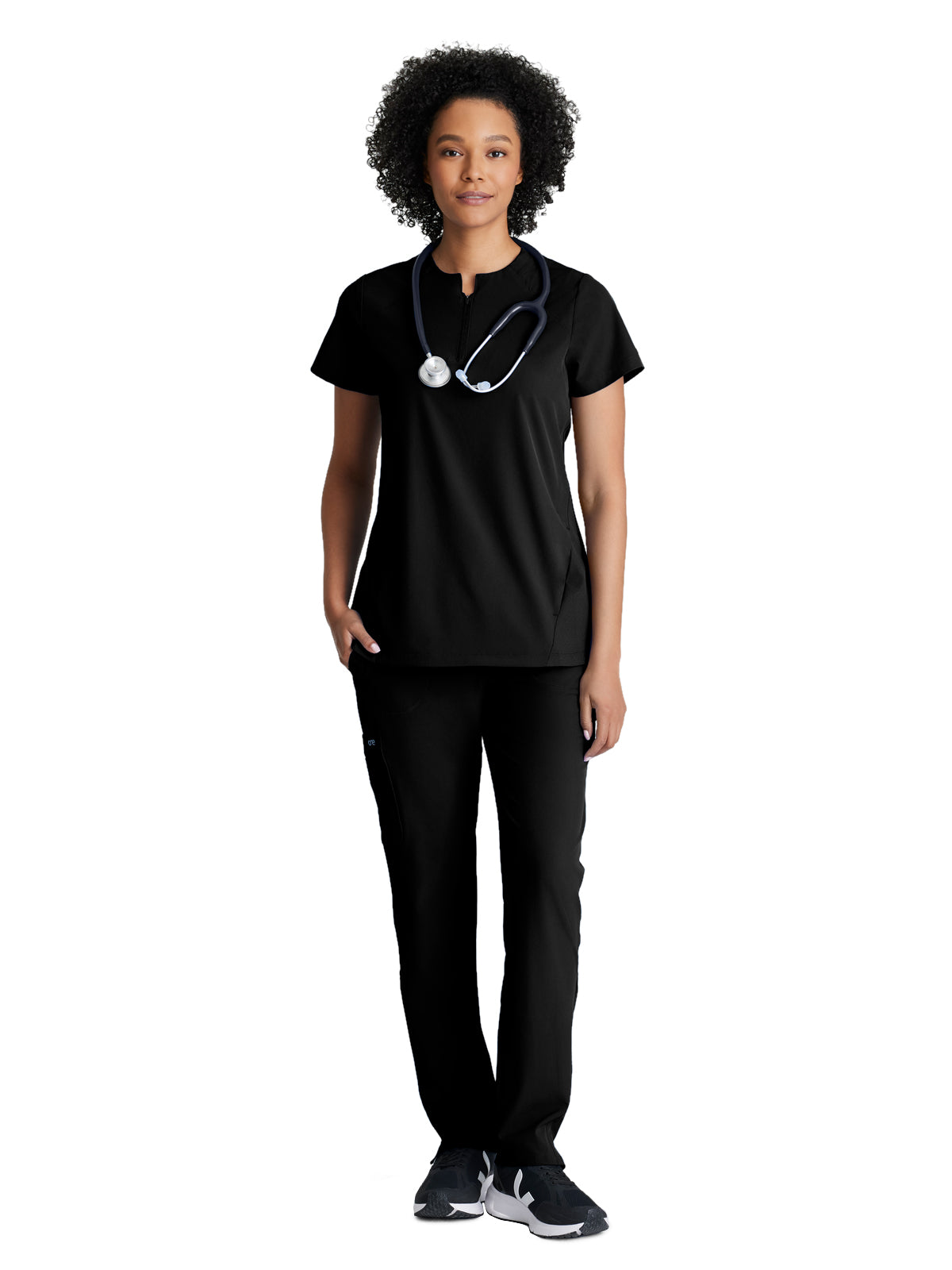 Women's 2 Pocket Banded Zip Collar Flux Top - BOT216 - Black