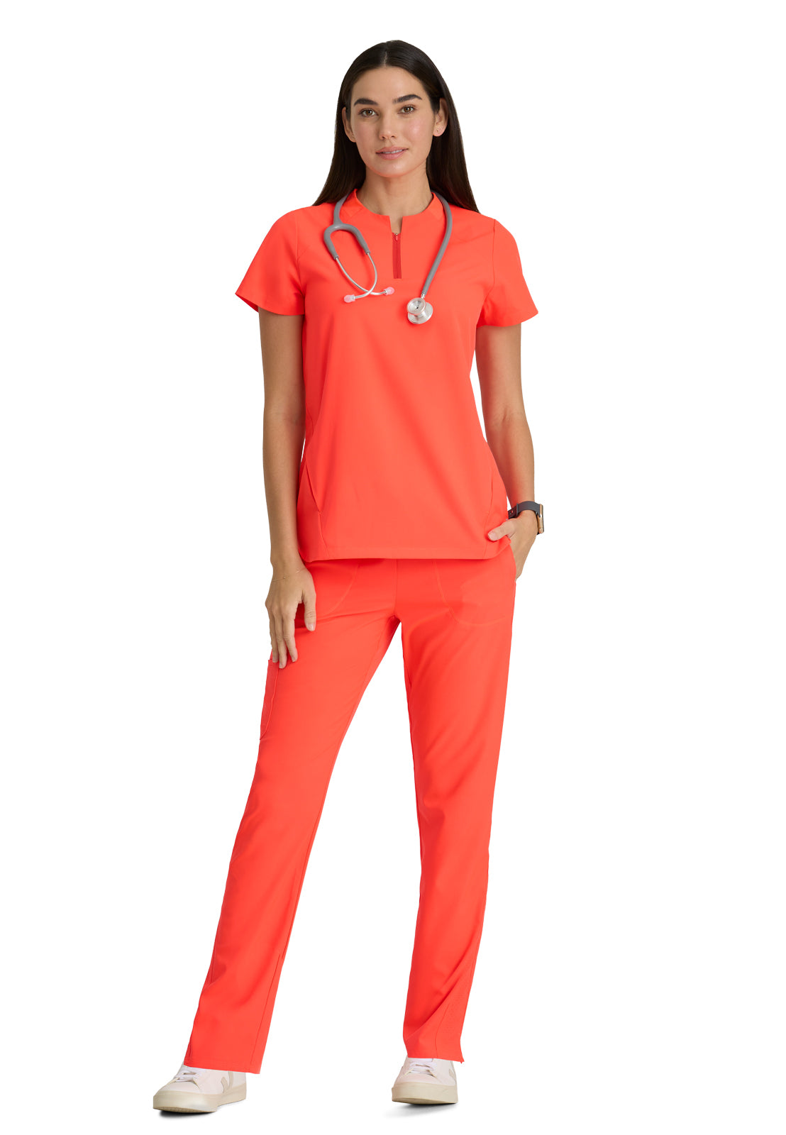Women's 2 Pocket Banded Zip Collar Flux Top - BOT216 - Neon Flame