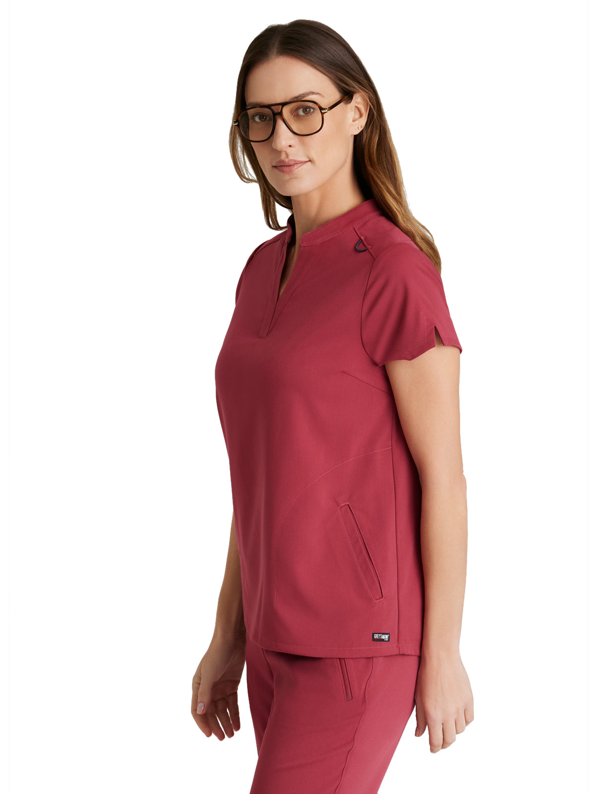 Women's 2 Pocket Banded Collar Avery Top - GRST230 - Maple Red