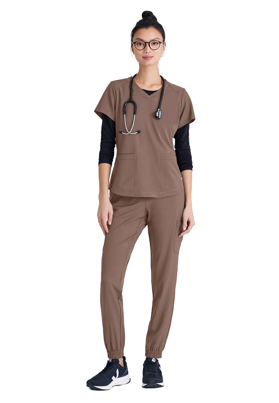 Women's Two-Pocket Piped V-Neck Rhythm Top - GSST180 - Driftwood