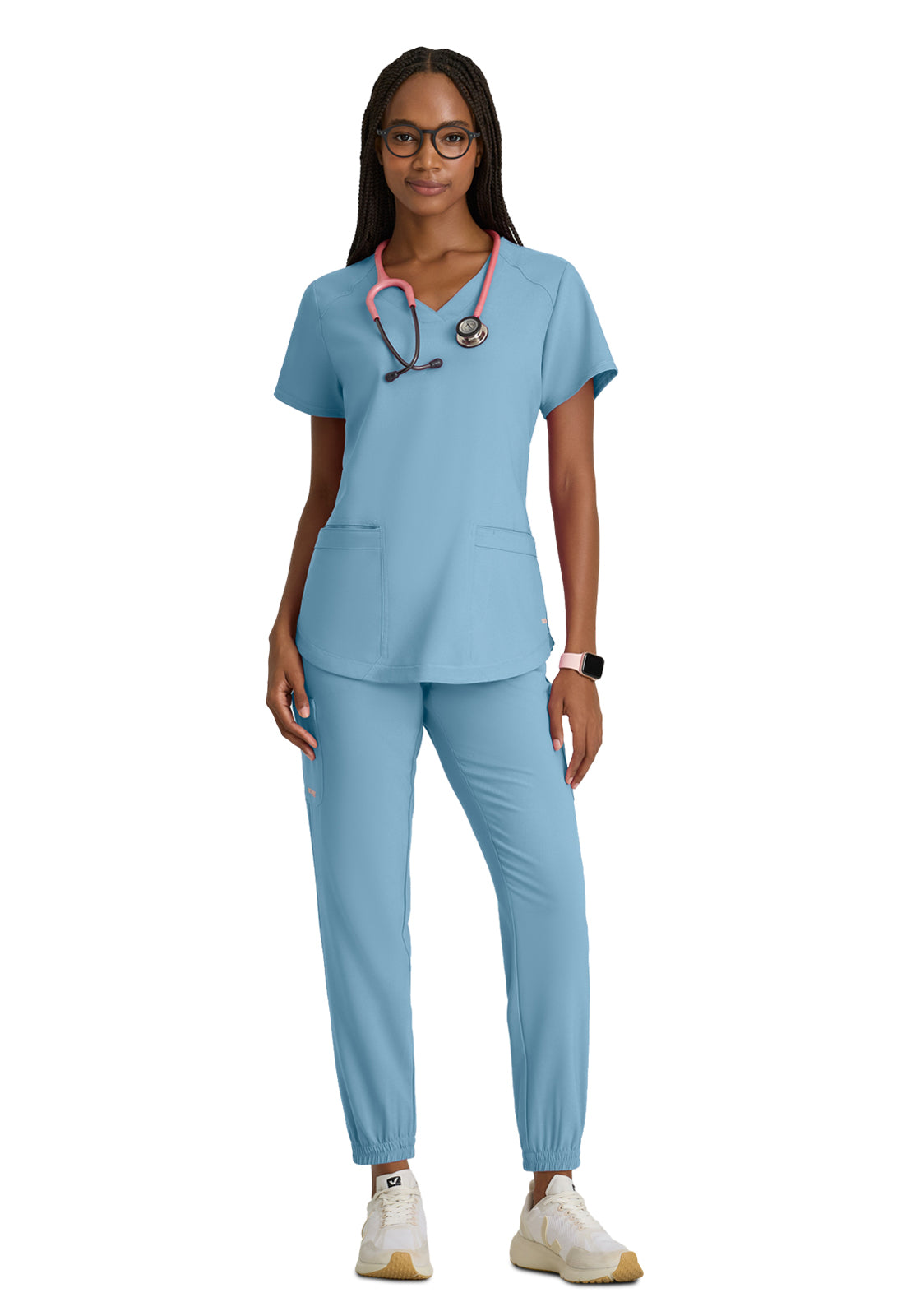 Women's Two-Pocket Piped V-Neck Rhythm Top - GSST180 - Ocean Mist