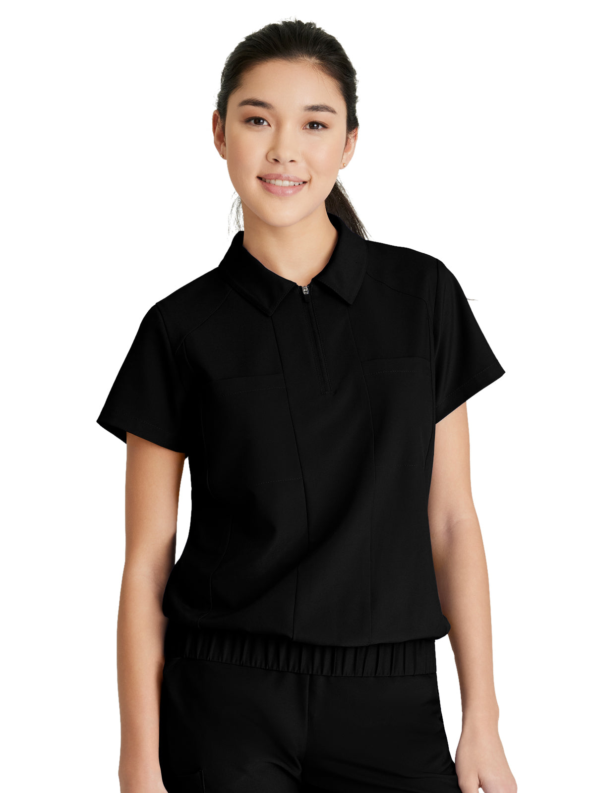 Women's 2 Pocket Zip Neck Banded Waist Perseverance Top - GSST215 - Black