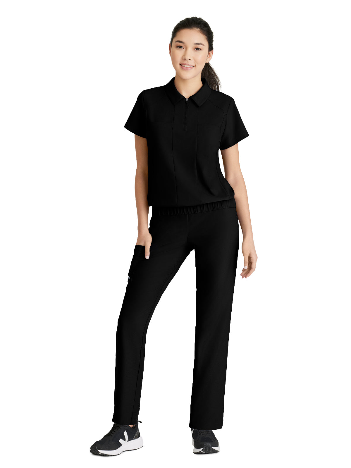 Women's 2 Pocket Zip Neck Banded Waist Perseverance Top - GSST215 - Black