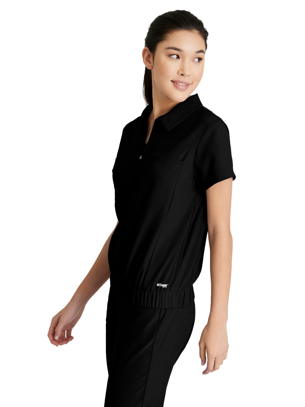 Women's 2 Pocket Zip Neck Banded Waist Perseverance Top - GSST215 - Black