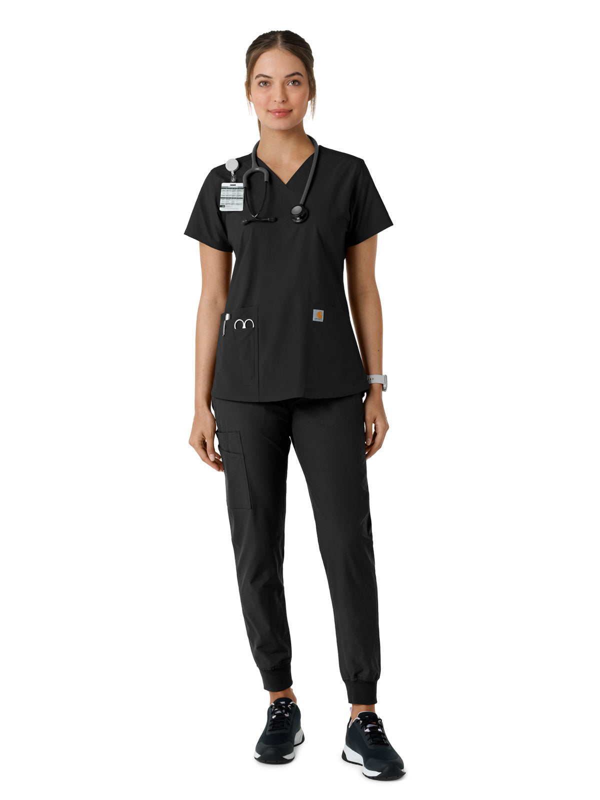 Women's Four-Pocket V-Neck Knit Panel Top - C12313 - Black