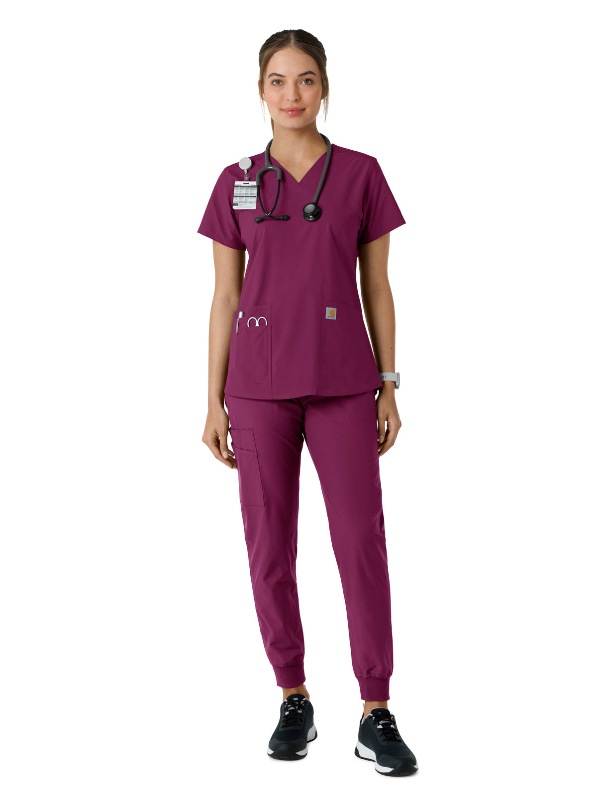 Women's Four-Pocket V-Neck Knit Panel Top - C12313 - Wine