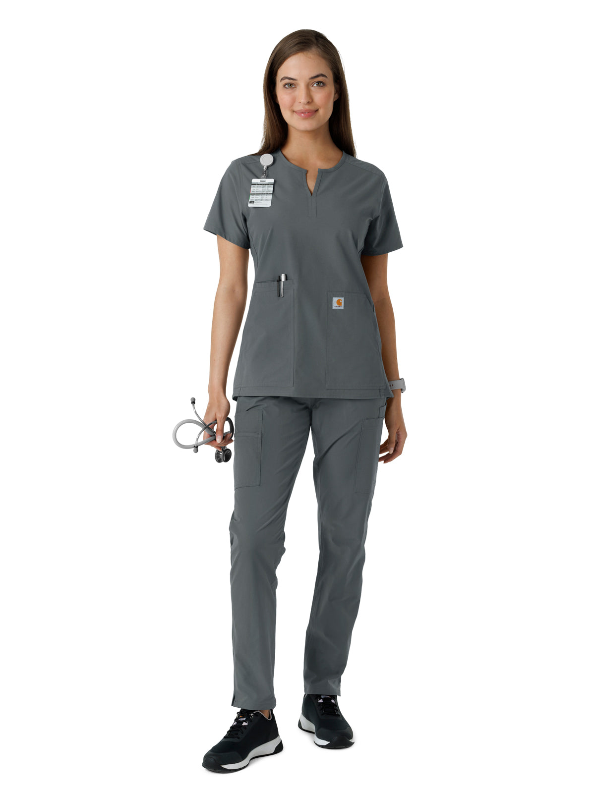 Women's Notch Neck Tunic Knit Panel Top - C12413 - Pewter