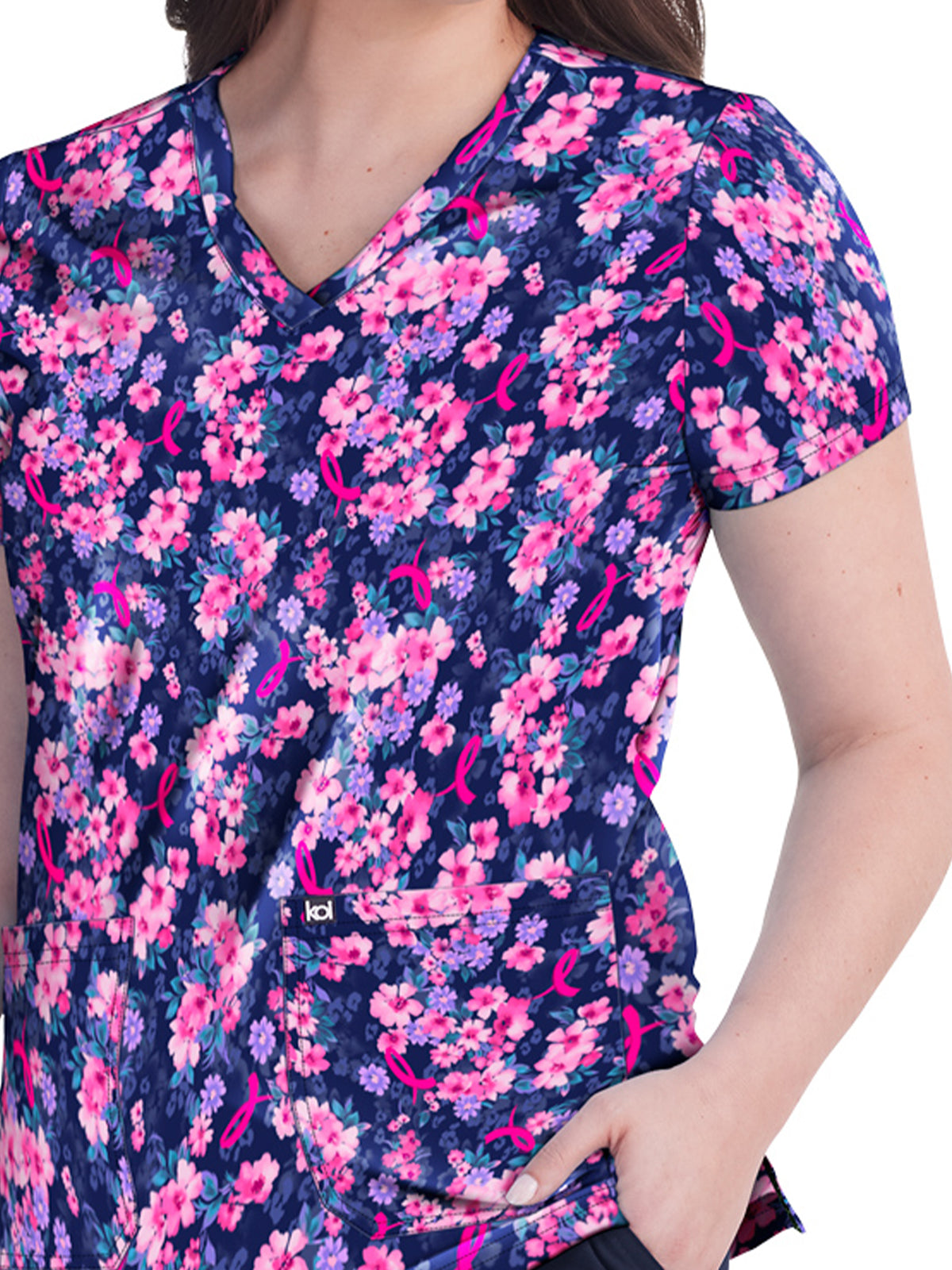 Women's 2-Pocket Breast Cancer Early Energy Top - 1029PRM - BCRF Sweet Blossom