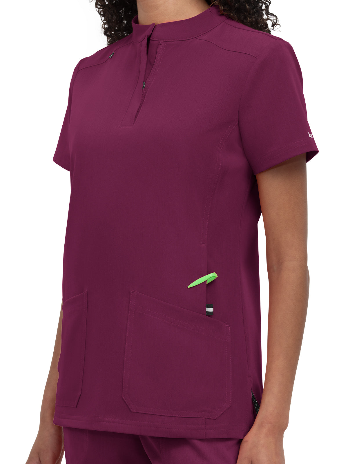 Women's 4-Pocket Zipper-Neck Mandarin Collar Driven Top - 1081 - Wine