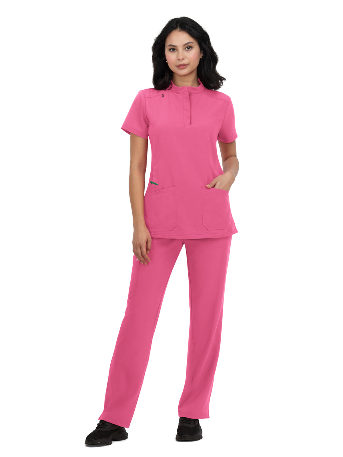 Women's 4-Pocket Zipper-Neck Mandarin Collar Driven Top - 1081 - Geranium