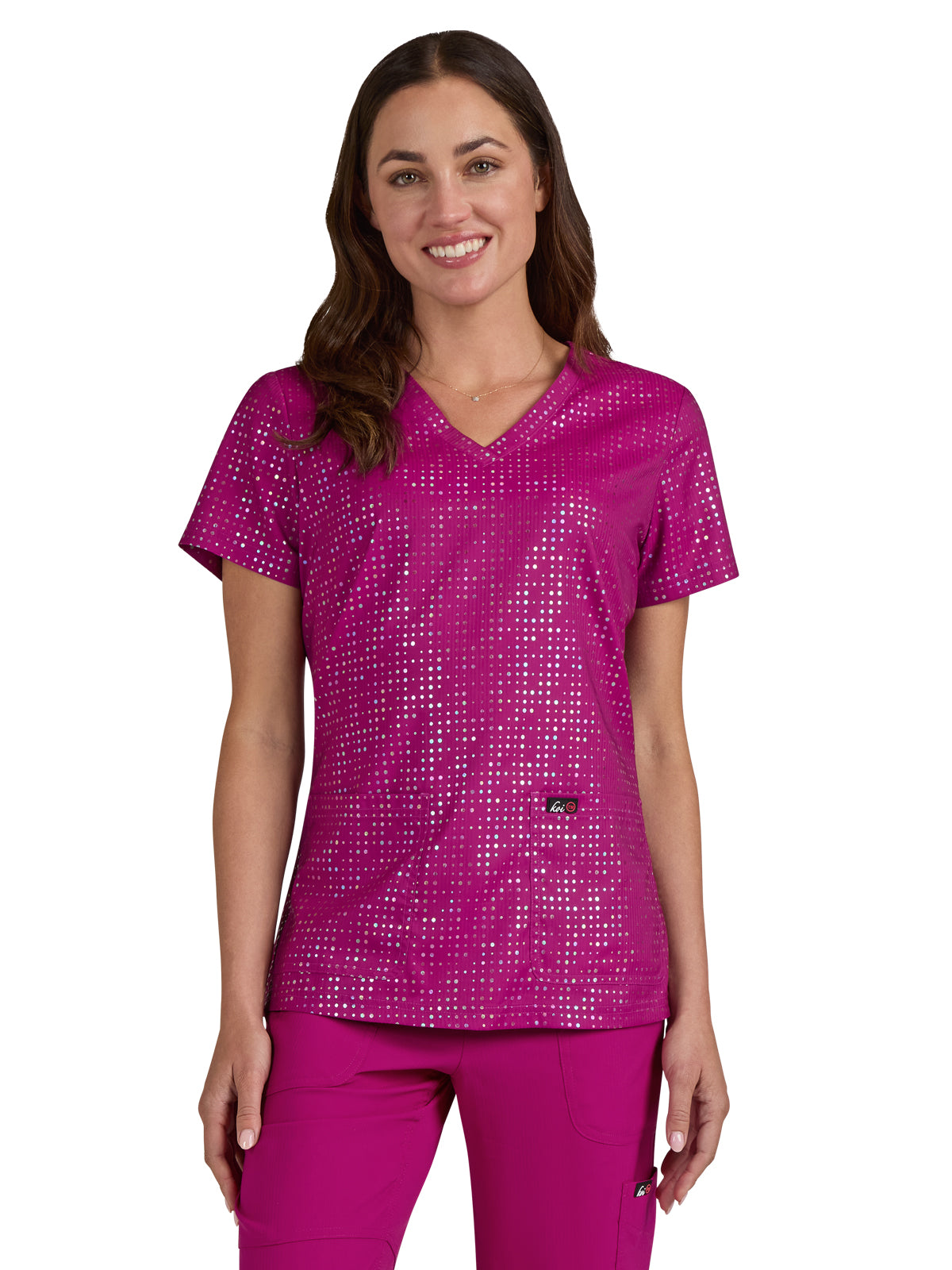 Women's 2-Pocket Stretch Print Velora Top - 1082PR - Iridescent Azalea Pink