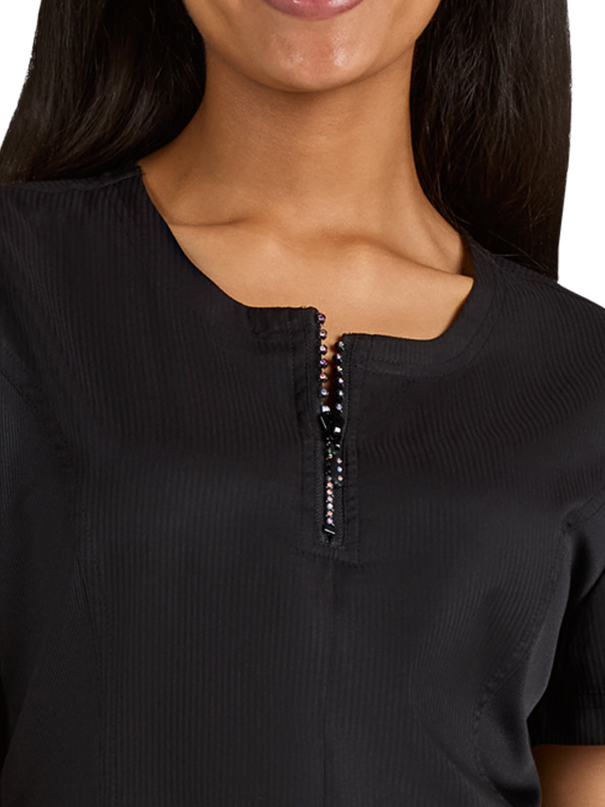 Women's Limited Edition Rhinestone Zipper Neck Serenity Top - 1123L - Black