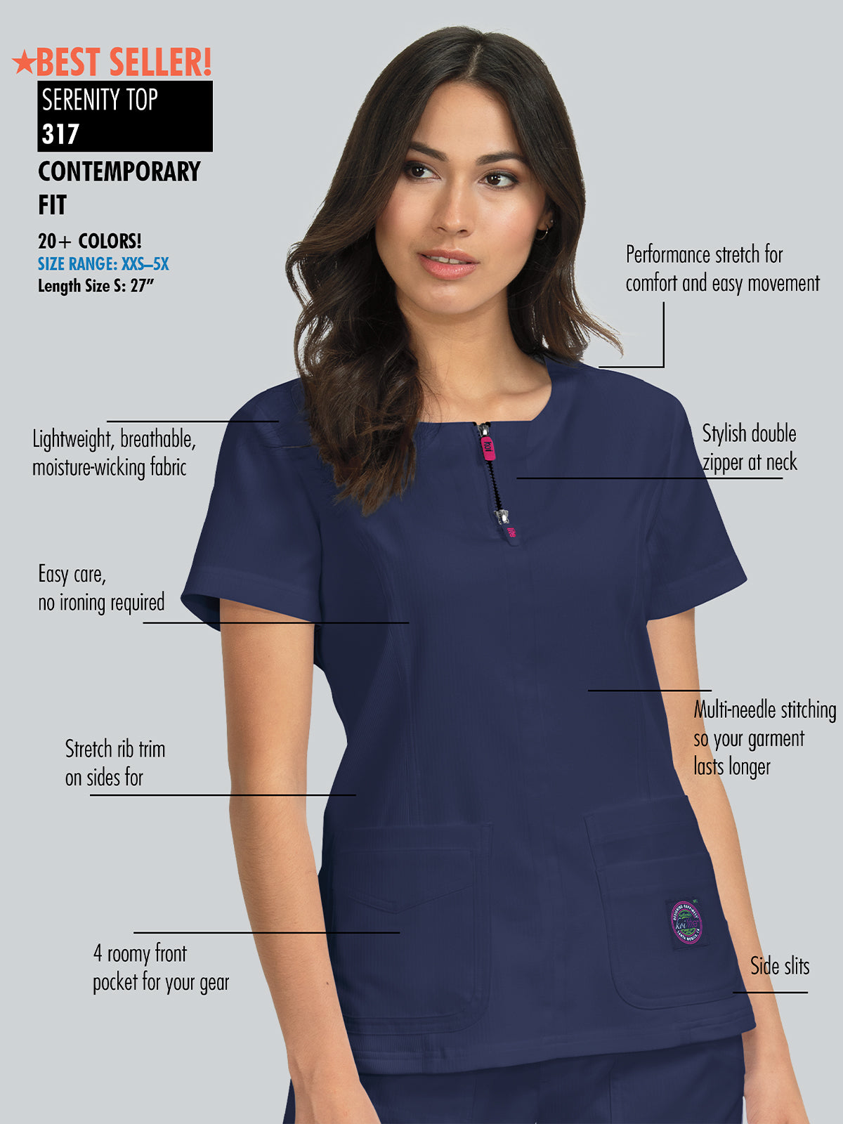 Women's 4-Pocket Zipper Neck Serenity Top - 317 - Caribbean