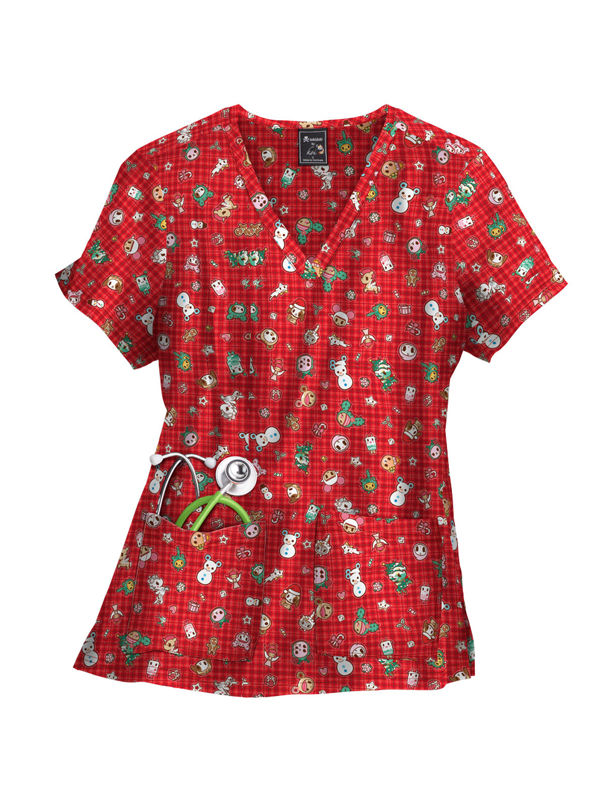 Women's 2-Pocket Sporty V-Neck Print Leslie Top - 384TKD - Holiday Flannel