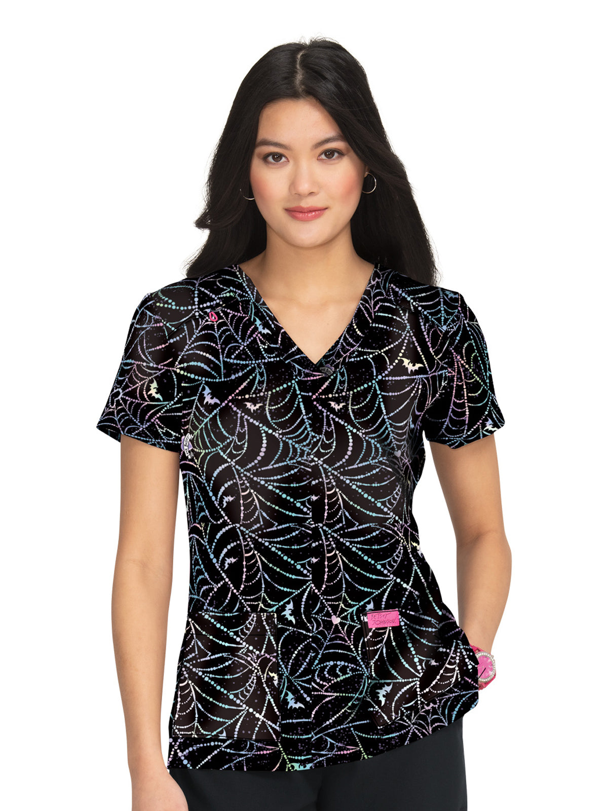 Women's 2-Pocket Print V-Neck Bell Top - B120PR - Dazzling Webs