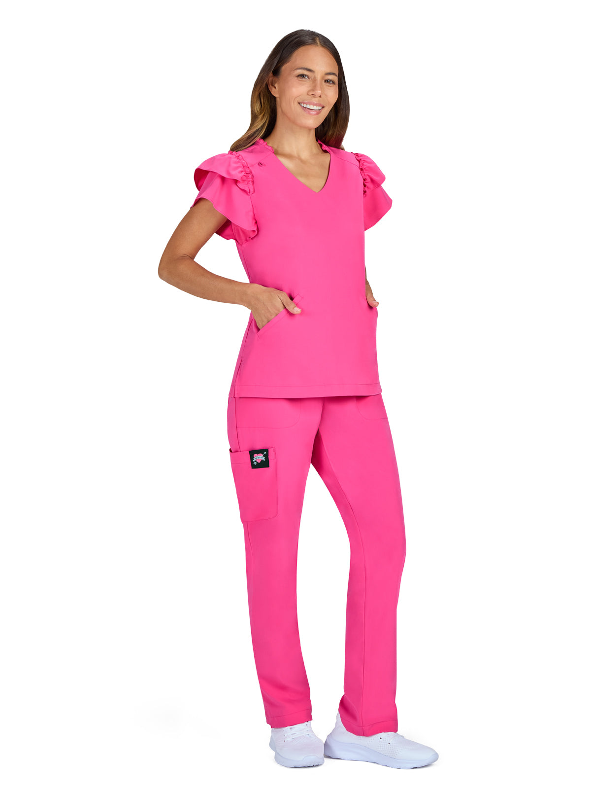 Women's 2-Pocket Ruffle Sleeve and Ruffle Collar Clary Top - B131 - Flamingo
