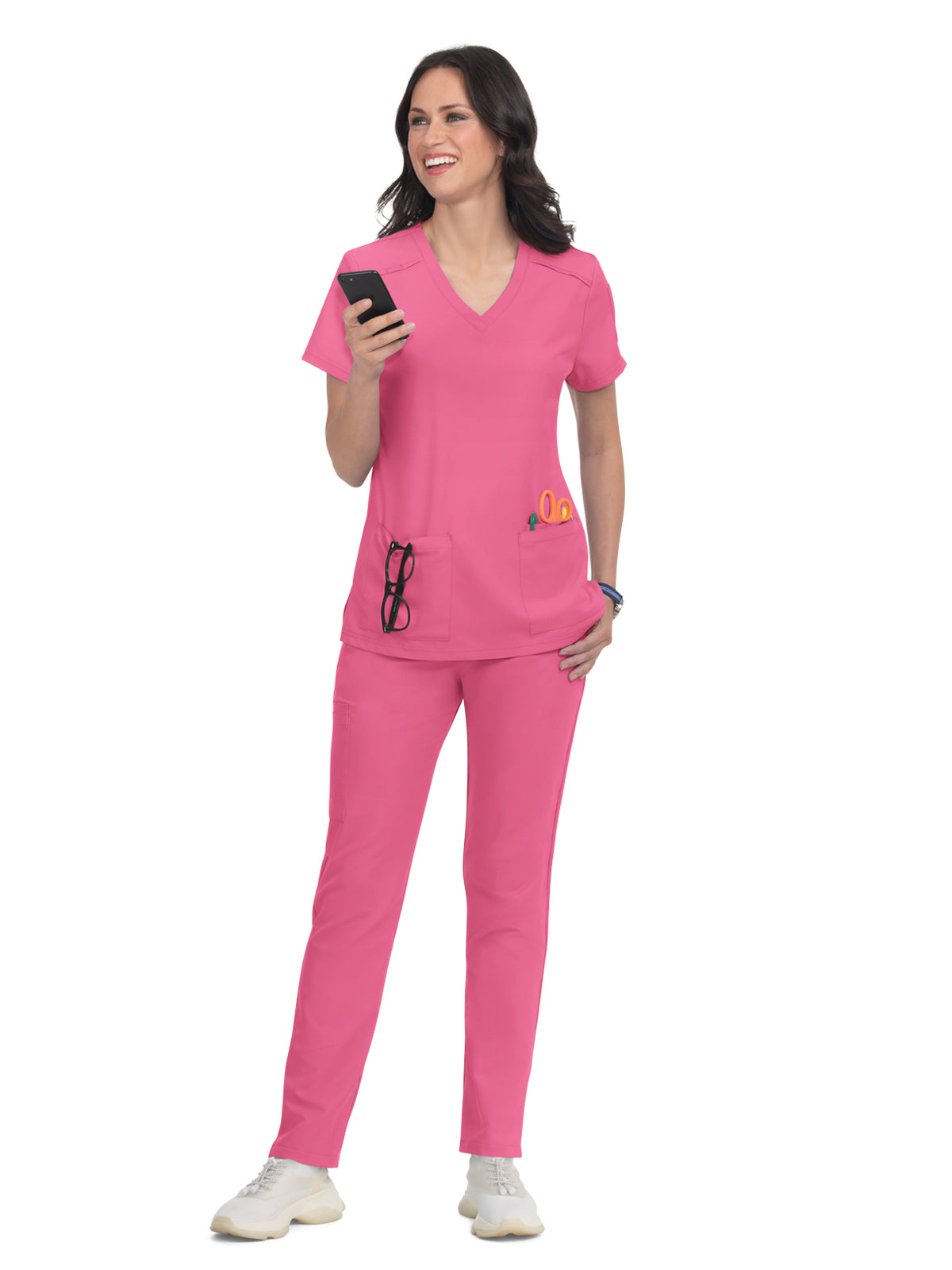 Women's 3-Pocket V-Neck Cardi Top - C101 - Carnation