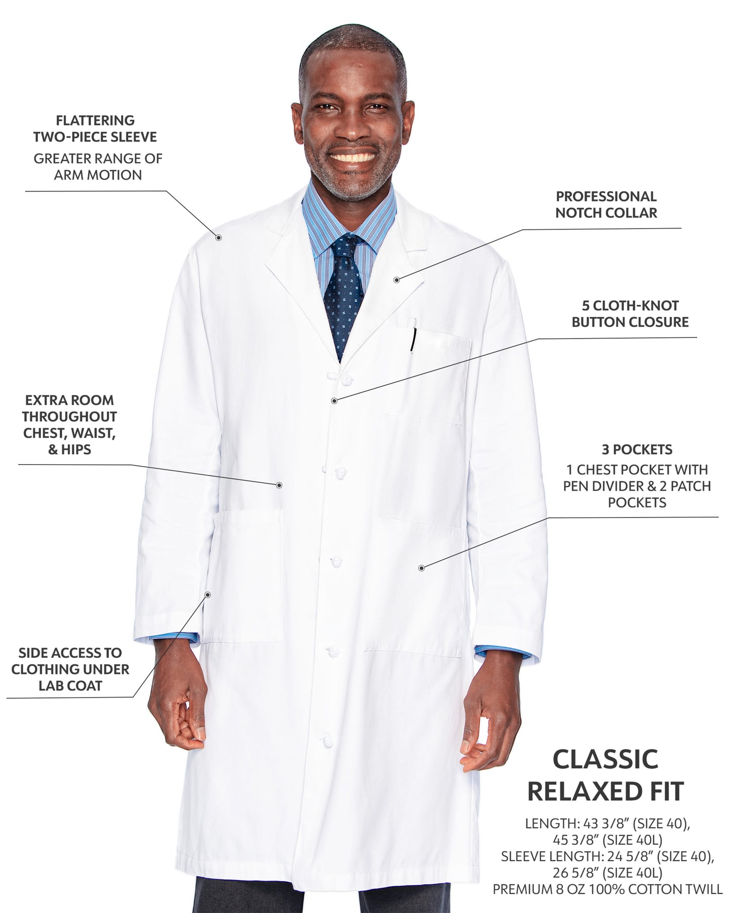 Men's Three-Pocket 100% Cotton 43.5" Full-Length Lab Coat - 3138 - White