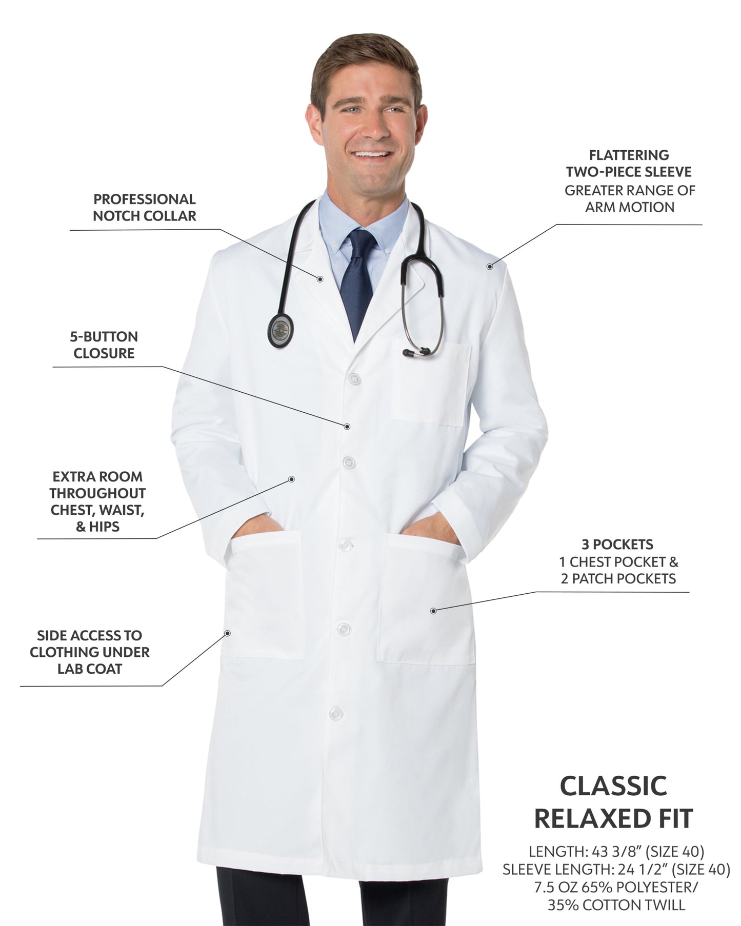 Men's Three-Pocket 43.5" Full-Length Lab Coat - 3140 - White Twill