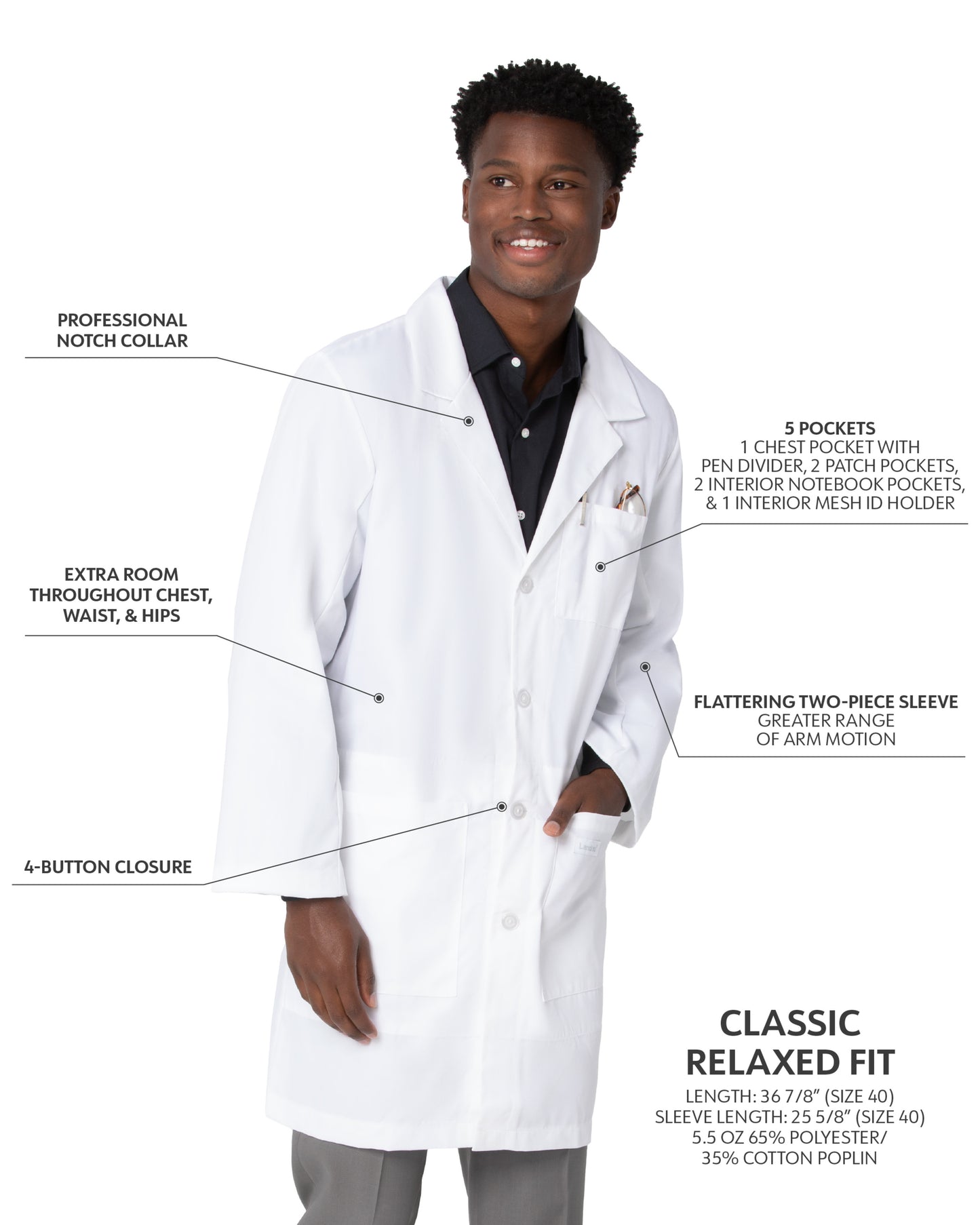Men's Five-Pocket 37" Mid-Length Tablet Lab Coat - 3174 - White