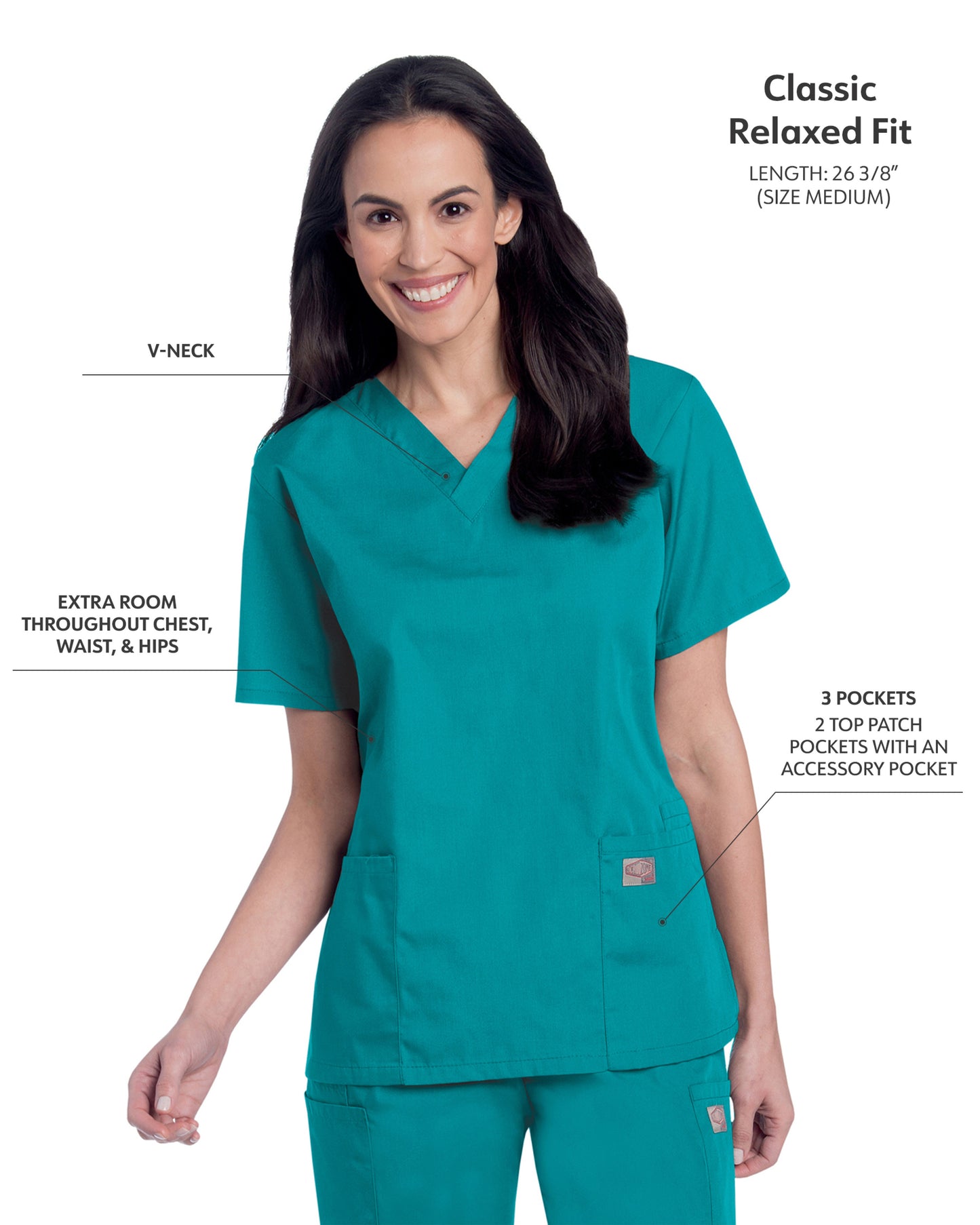Women's 3-Pocket Clean Back V-Neck Top - 70221 - Teal