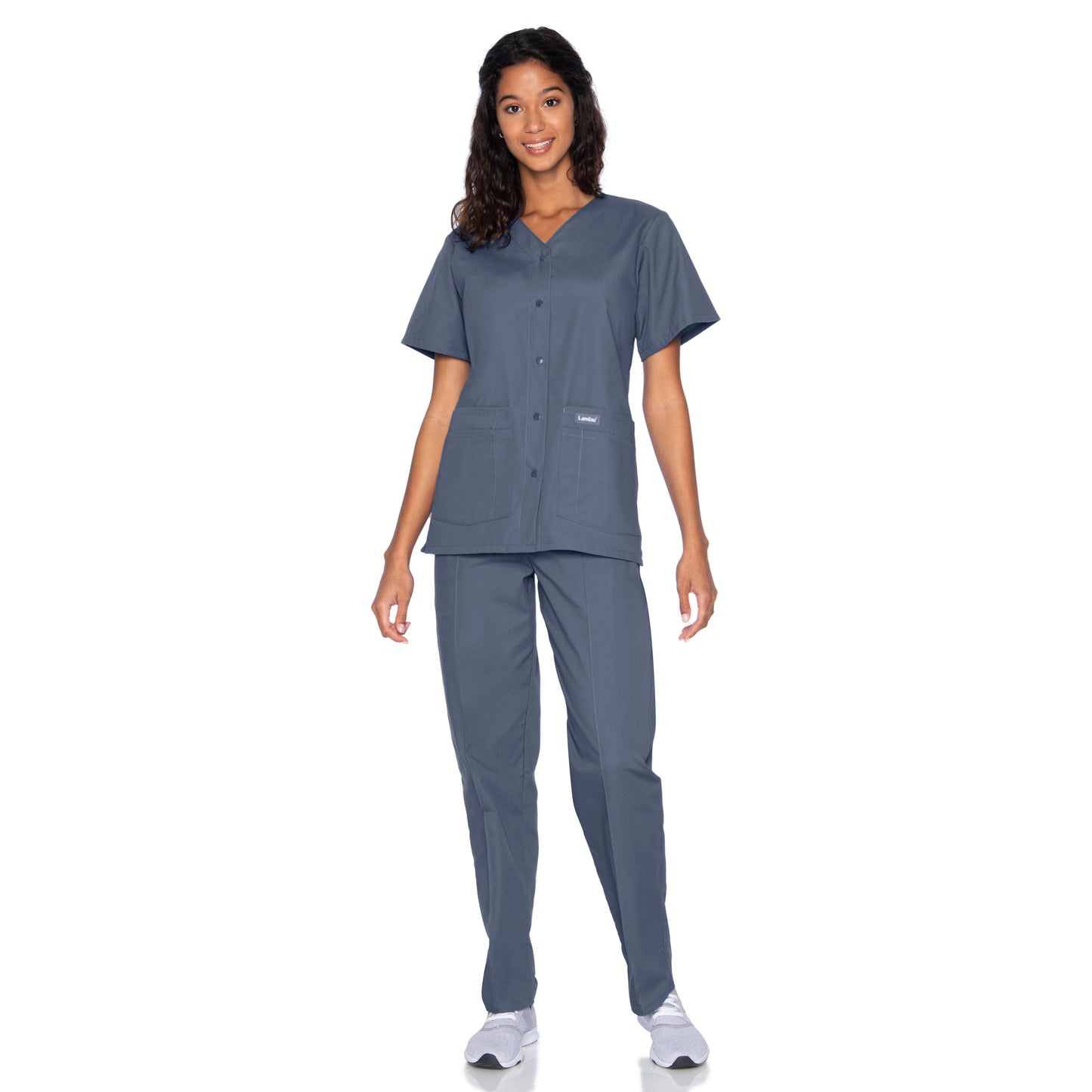 Women's 4-Pocket Snap-Front V-Neck Top - 8232 - Steel Grey