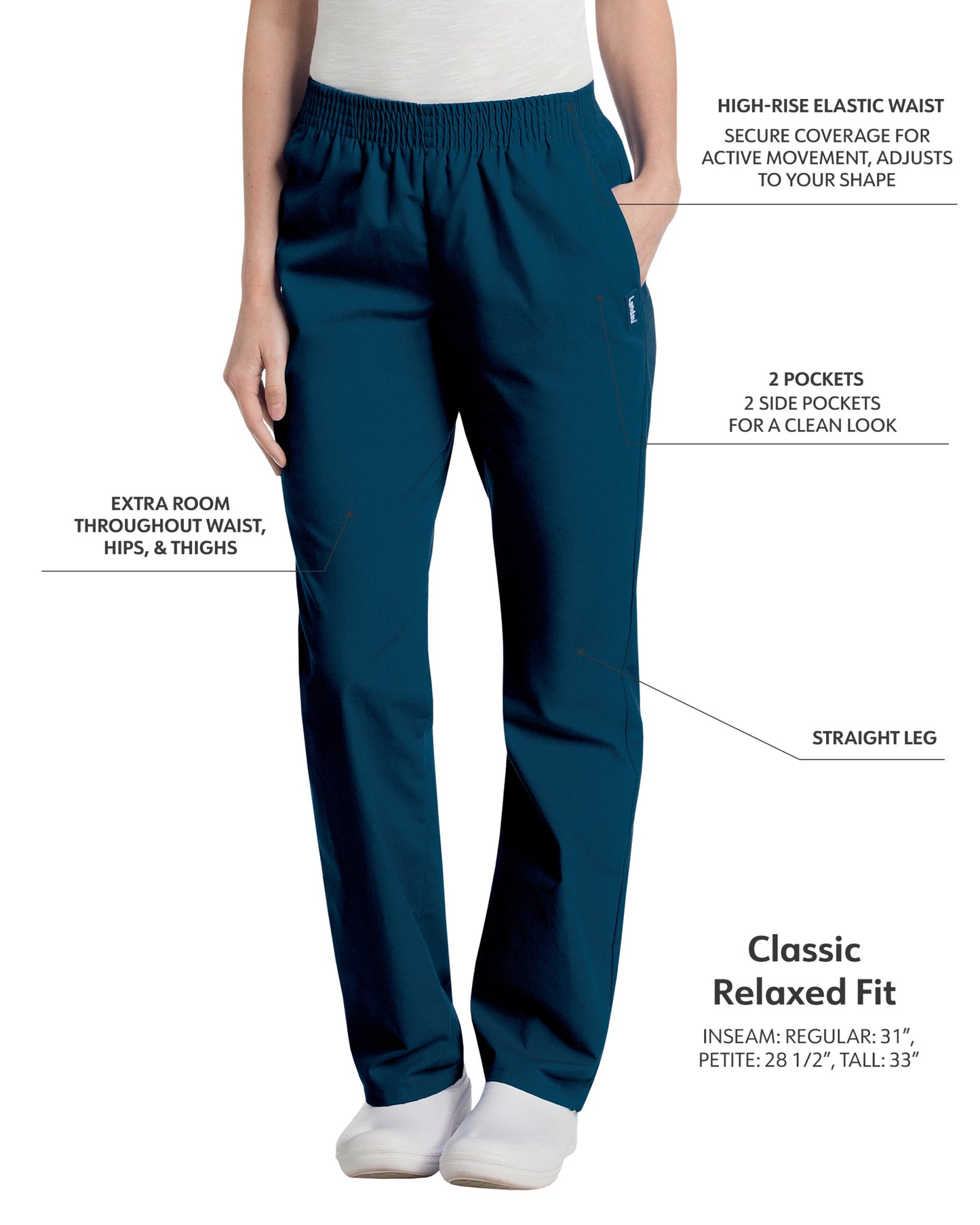 Women's 2-Pocket High-Rise Elastic Waist Straight Leg Pant - 8327 - Navy
