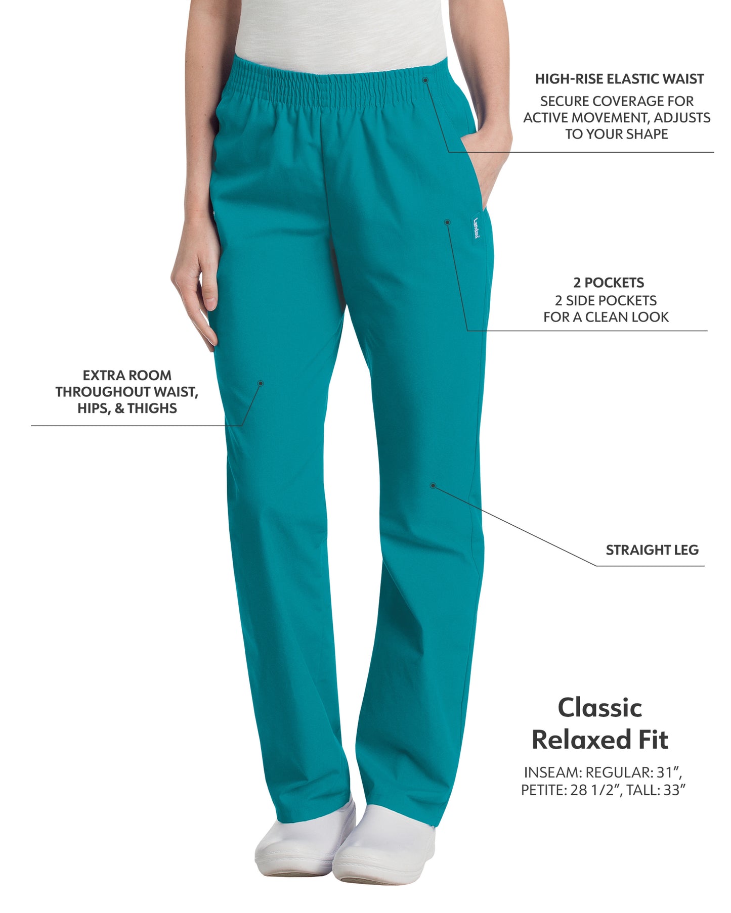 Women's 2-Pocket High-Rise Elastic Waist Straight Leg Pant - 8327 - Teal