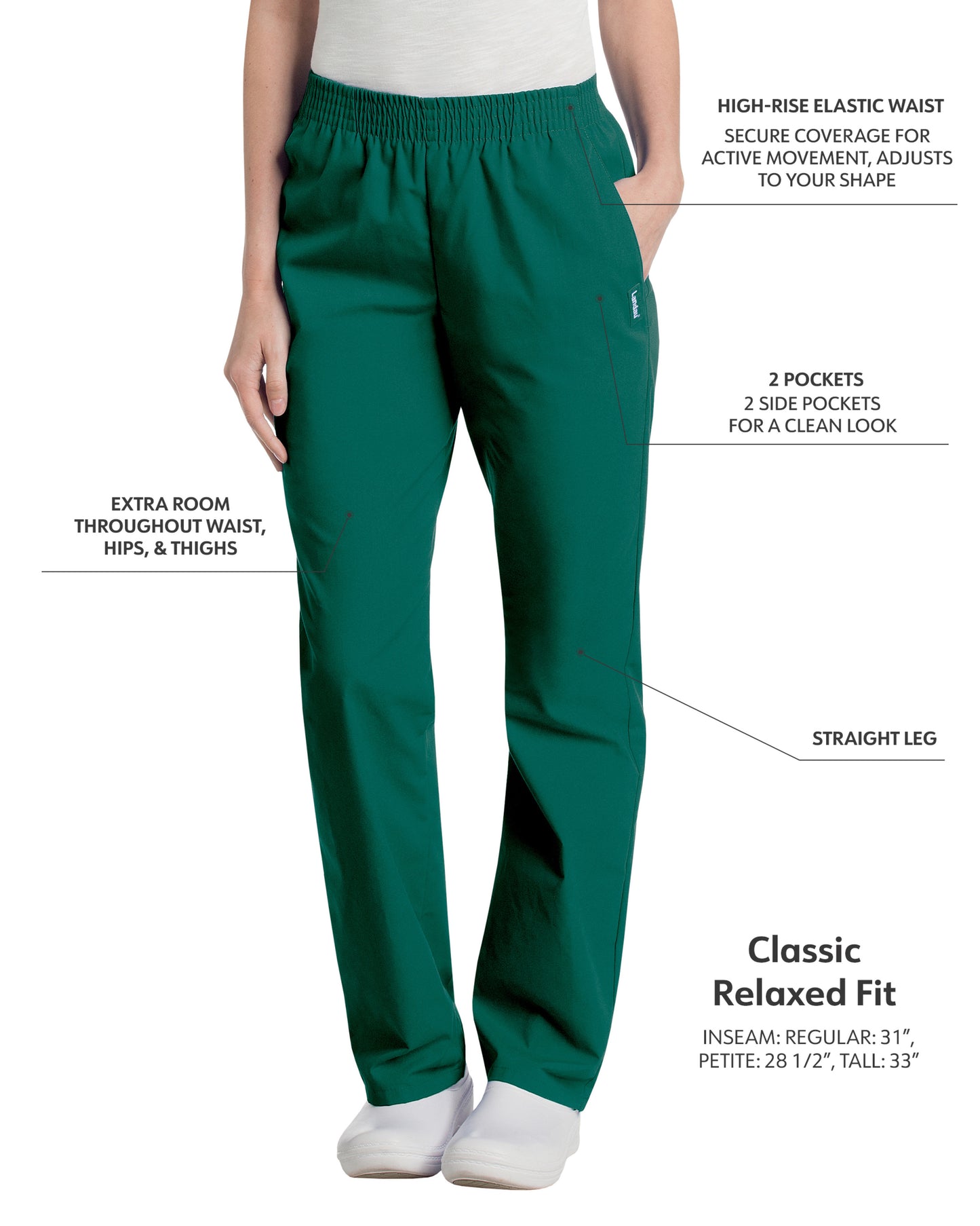 Women's 2-Pocket High-Rise Elastic Waist Straight Leg Pant - 8327 - Hunter Green