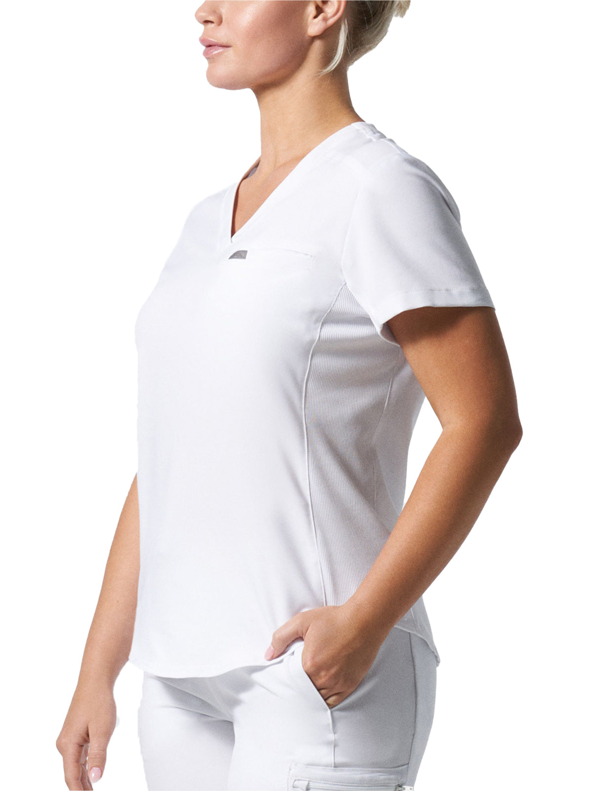 Women's 2-Pocket Shirttail Hemline V-Neck Top - LT101 - White