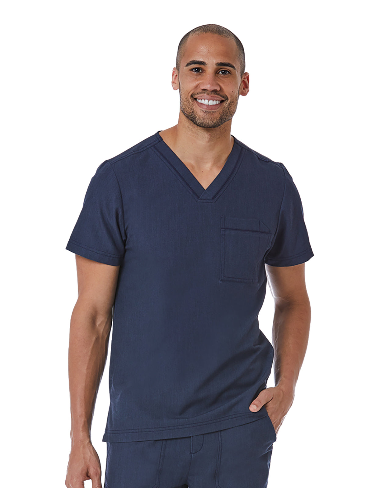 Men's One-Pocket Tuckable Contrast Piping V-Neck Top - 5901 - Heather Navy
