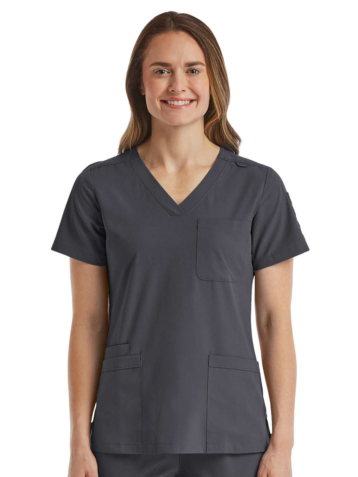 Women's Fitted Six-Pocket V-Neck Top - SJ103 - Pewter