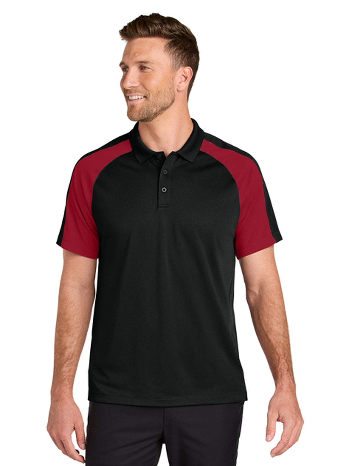 Men's Pocketless Moisture Wicking Colorblock Polo - K247 - Deep Black/ Rich Red