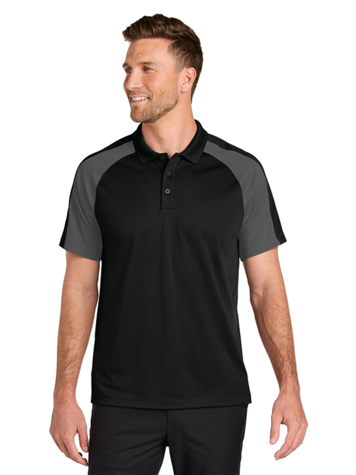 Men's Pocketless Moisture Wicking Colorblock Polo - K247 - Deep Black/ Storm Grey