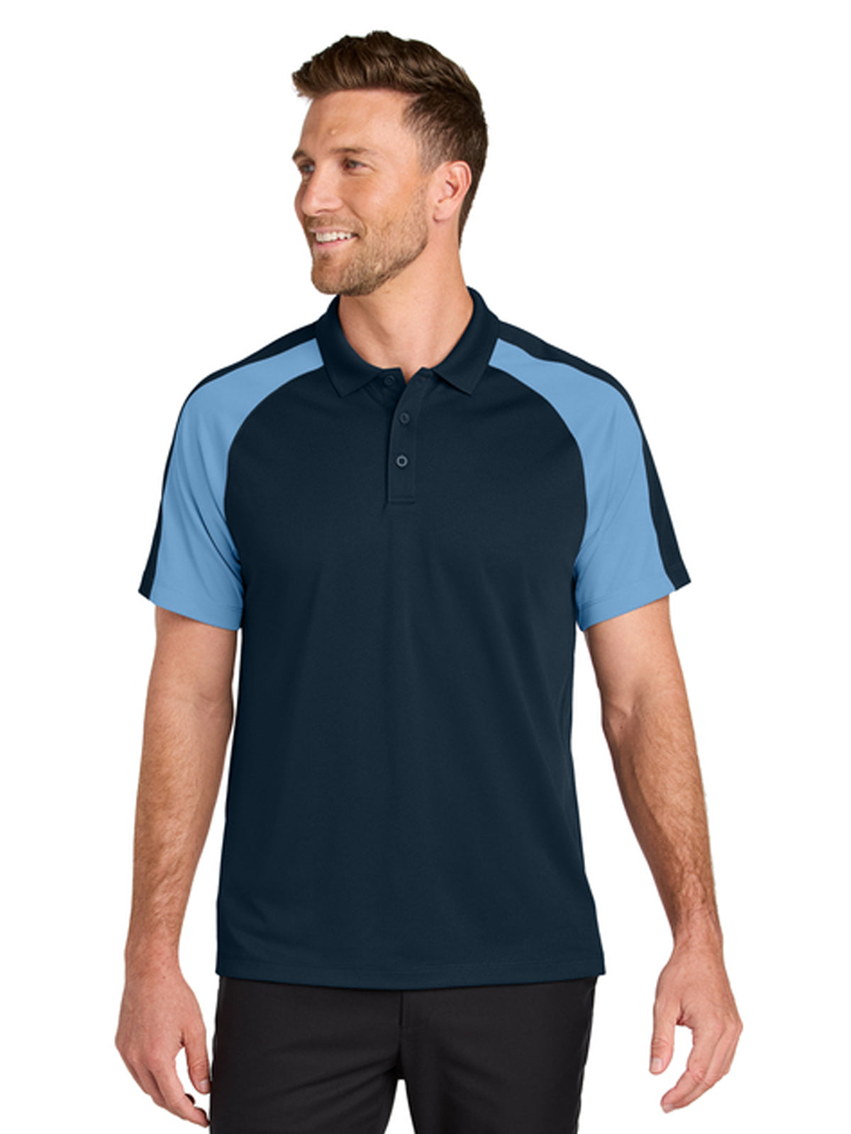 Men's Pocketless Moisture Wicking Colorblock Polo - K247 - River Blue Navy/ Carolina Blue