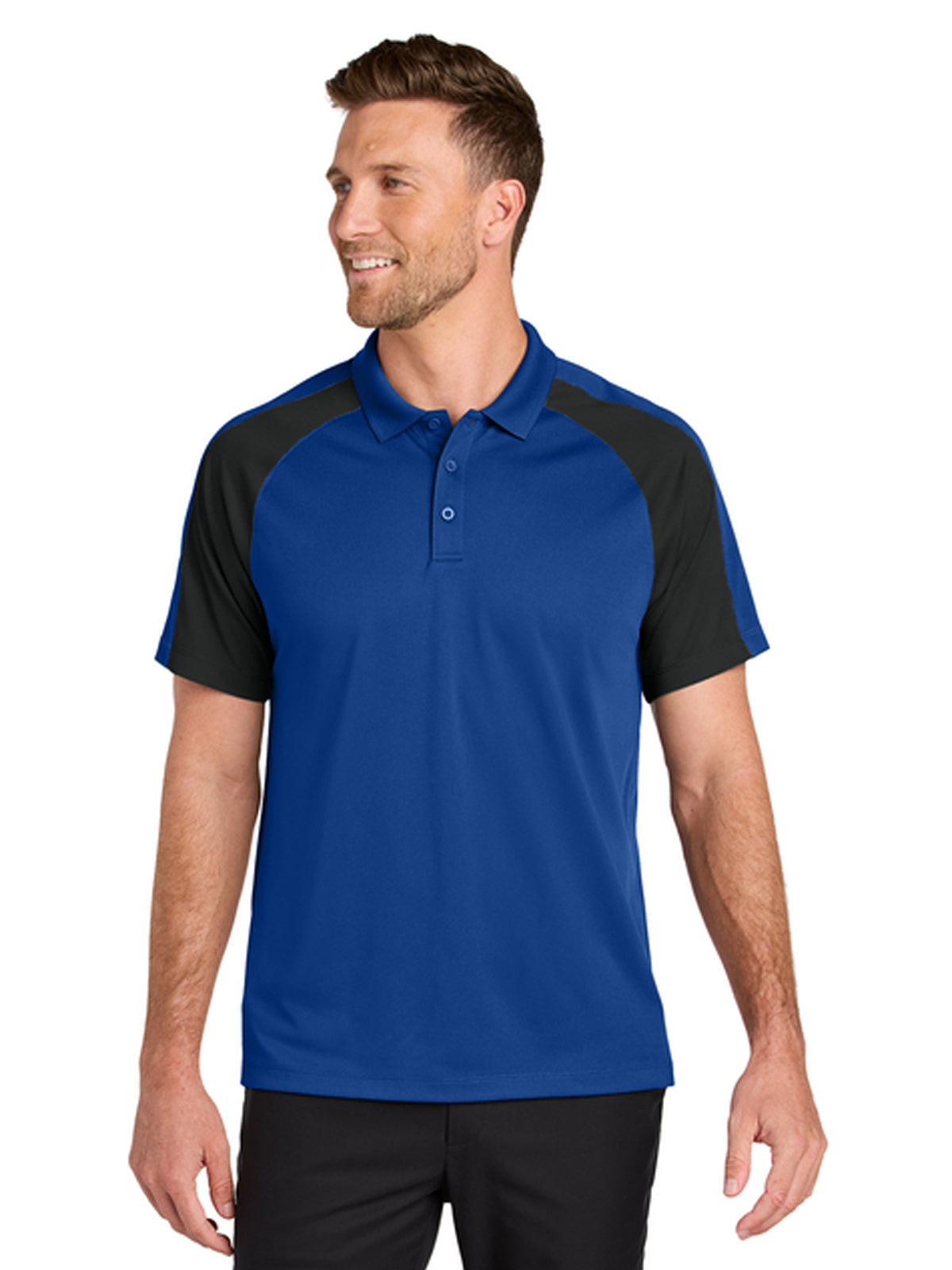 Men's Pocketless Moisture Wicking Colorblock Polo - K247 - True Royal/ Black