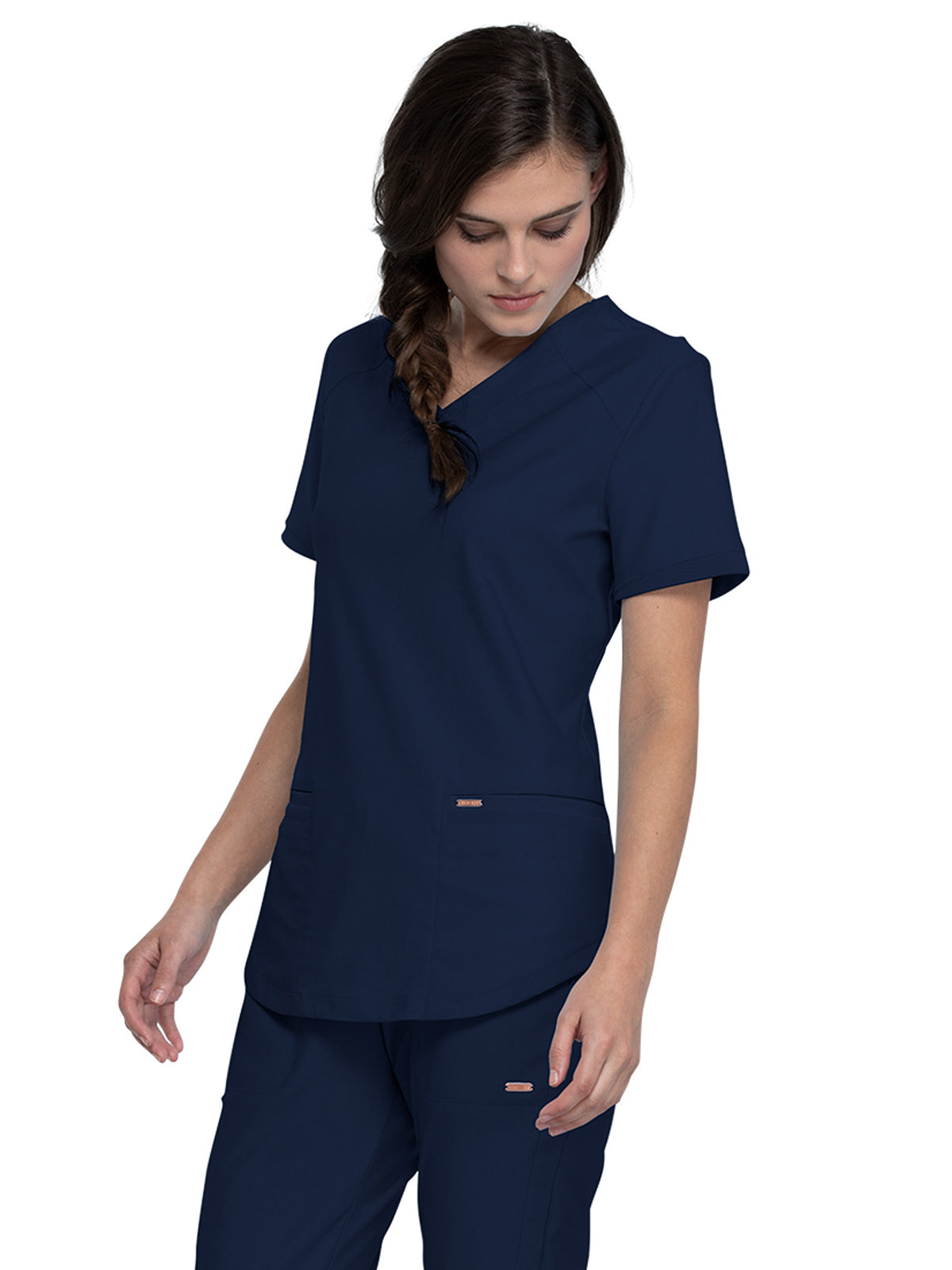 Women's Curved Hemline V-Neck Top - CK840 - Navy