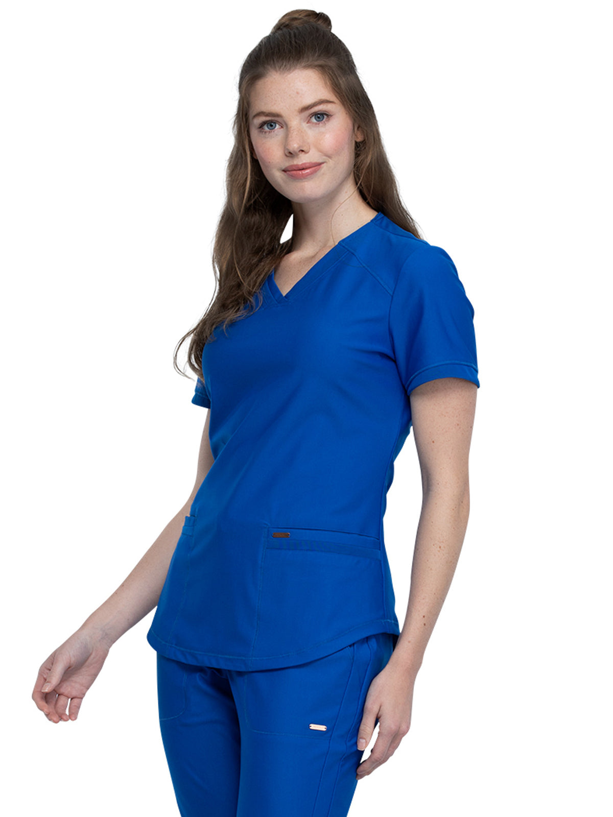 Women's Curved Hemline V-Neck Top - CK840 - Royal