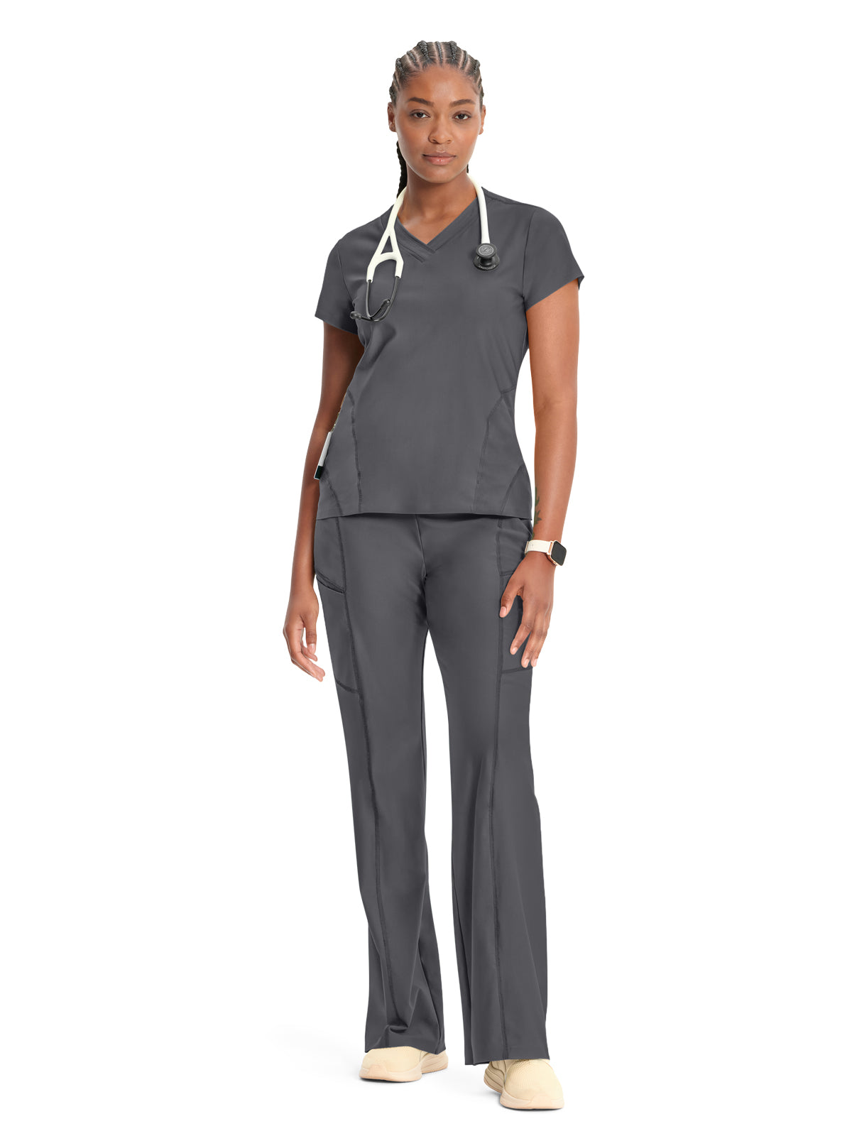 Women's 2-Pocket V-Neck Top - IN706A - Pewter
