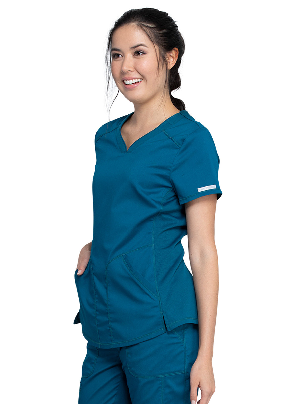 Women's 2-Pocket V-Neck Top - WW601 - Caribbean Blue