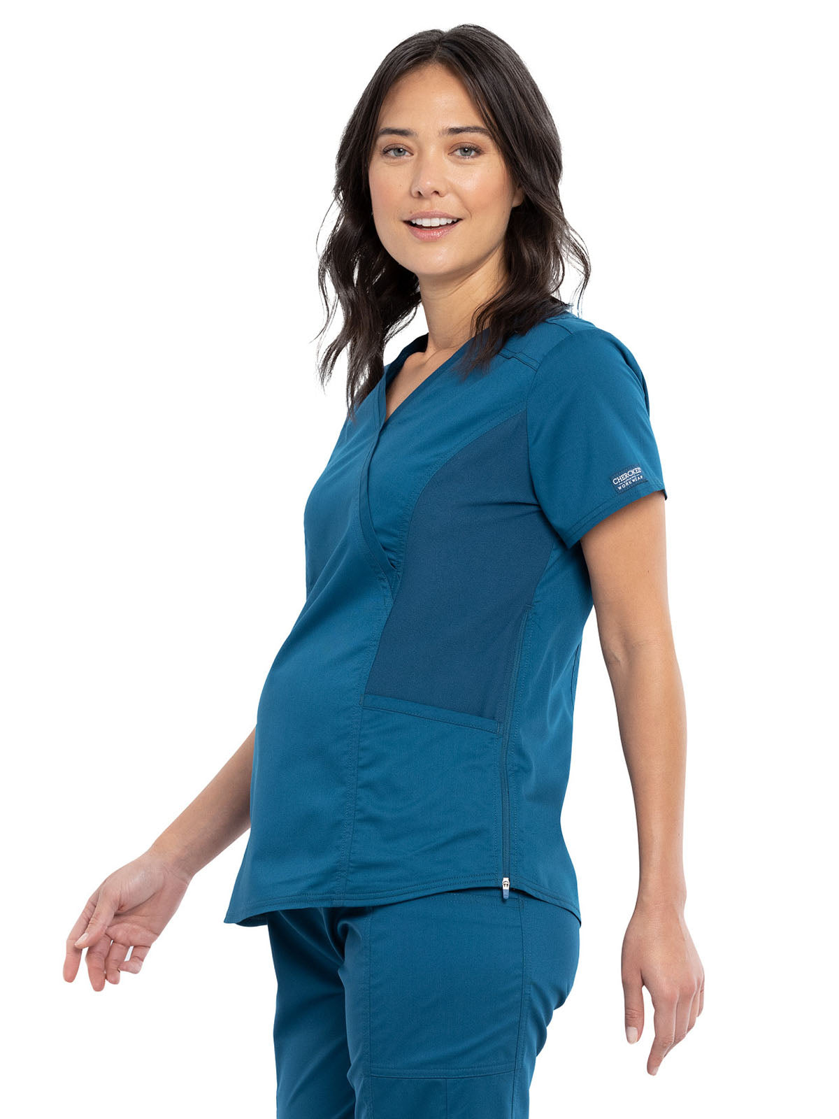 Women's 2-Pocket Maternity Mock Wrap Top - WW688 - Caribbean Blue