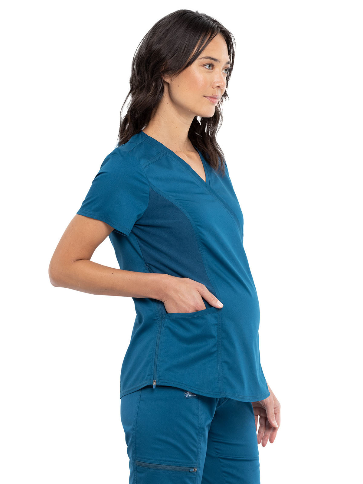 Women's 2-Pocket Maternity Mock Wrap Top - WW688 - Caribbean Blue