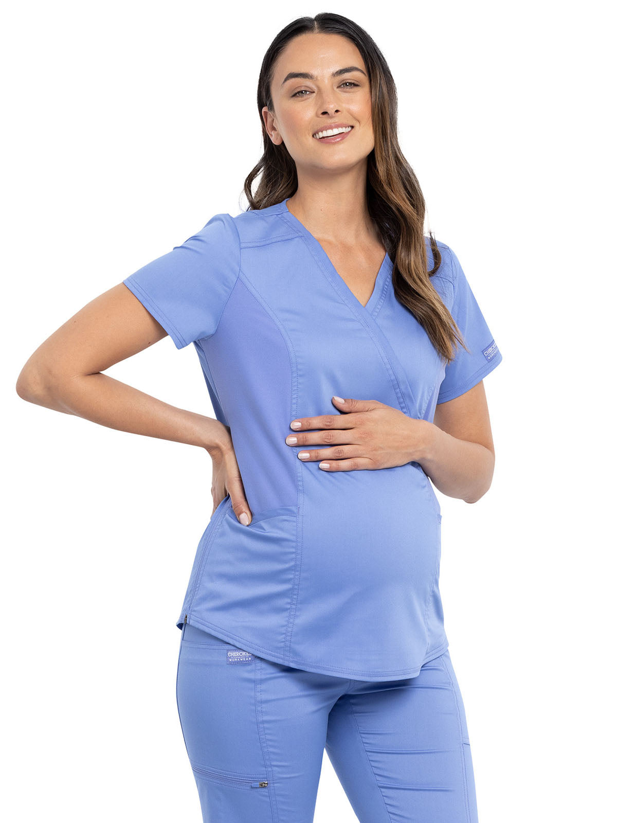 Women's 2-Pocket Maternity Mock Wrap Top - WW688 - Ciel