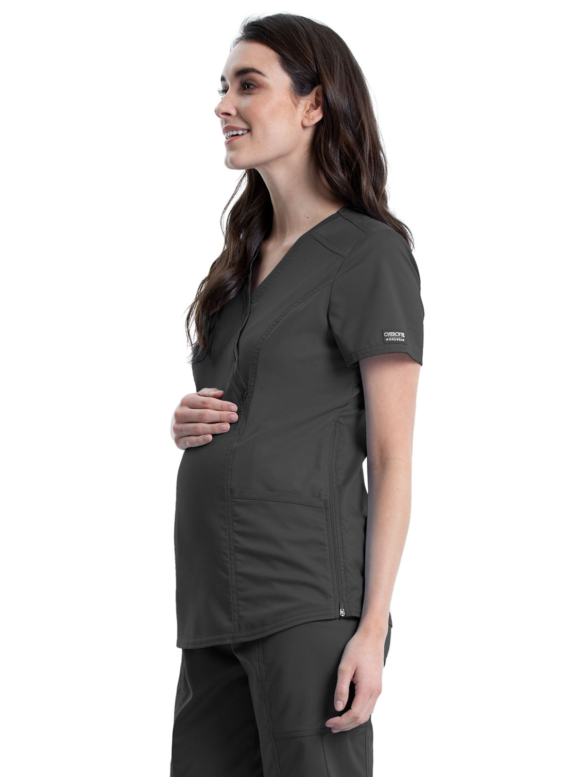 Women's 2-Pocket Maternity Mock Wrap Top - WW688 - Pewter