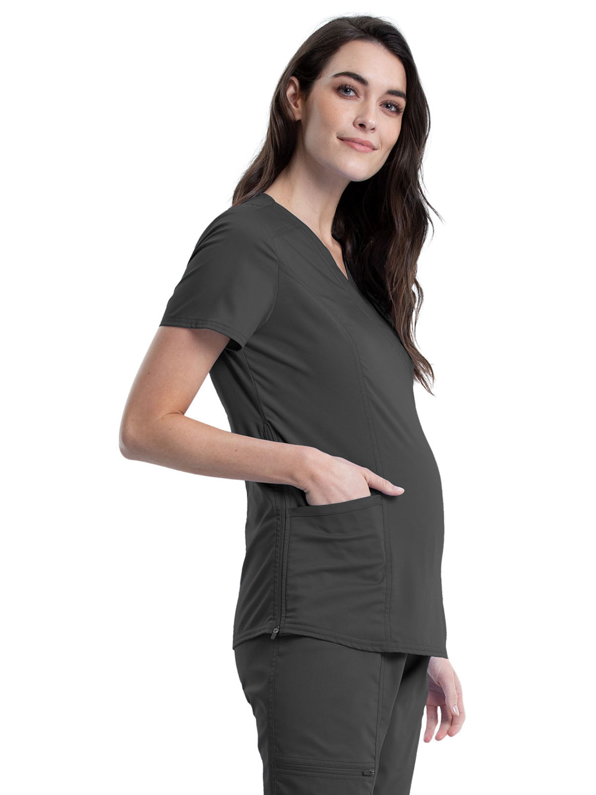 Women's 2-Pocket Maternity Mock Wrap Top - WW688 - Pewter