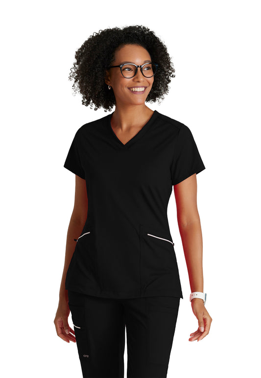 Women's 2 Pocket V-Neck Top - BOT209 - Black