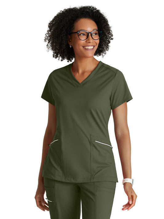 Women's 2 Pocket V-Neck Top - BOT209 - Olive