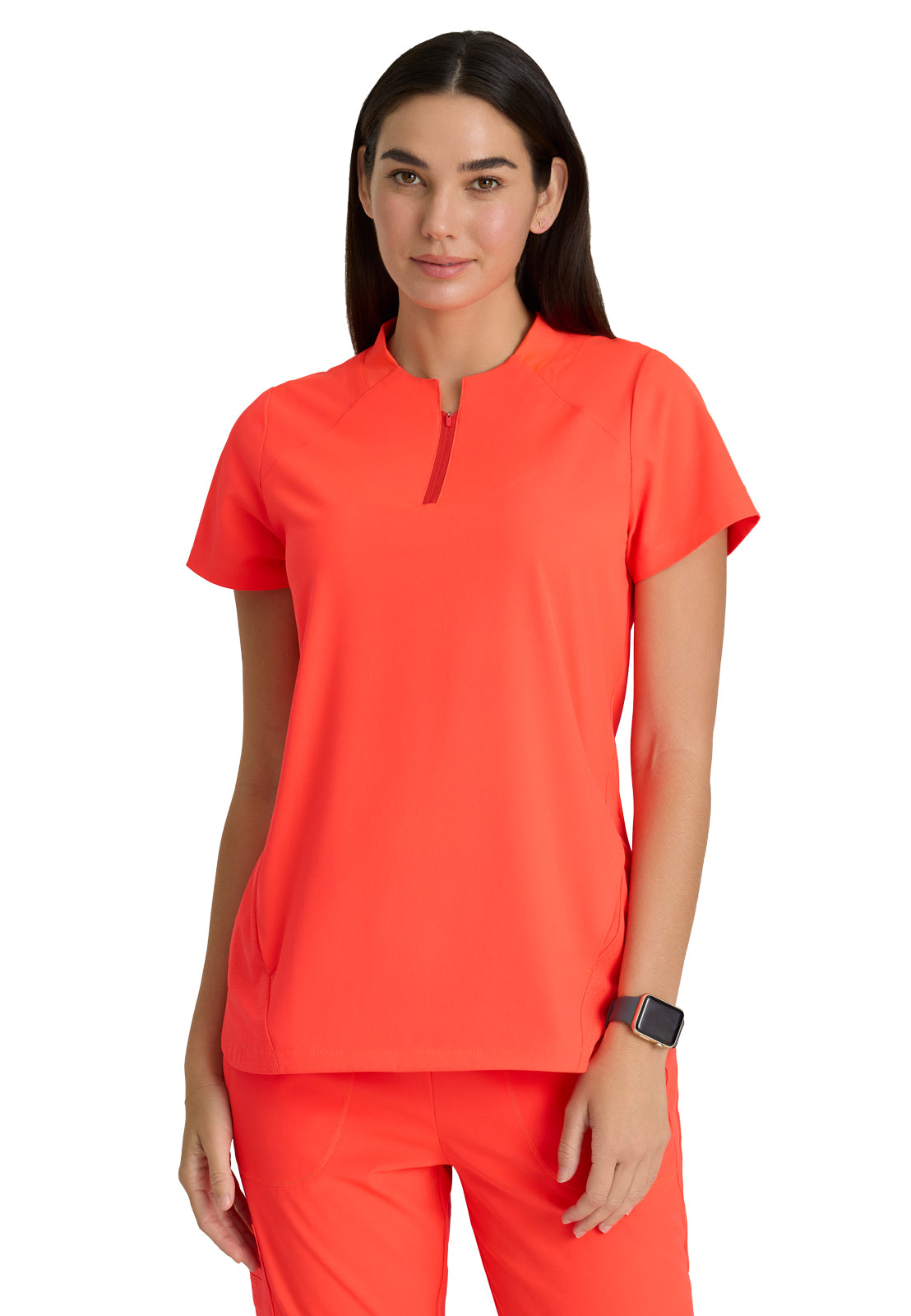 Women's 2 Pocket Banded Zip Collar Flux Top - BOT216 - Neon Flame
