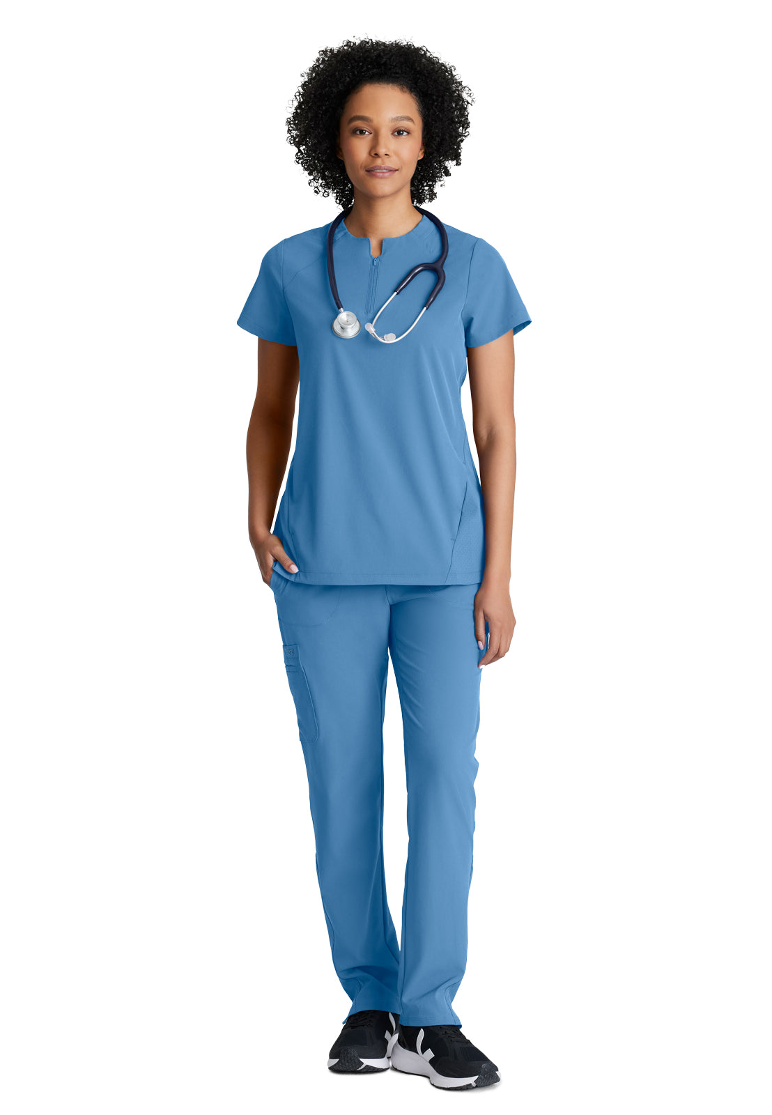Women's 2 Pocket Banded Zip Collar Flux Top - BOT216 - Ciel Blue