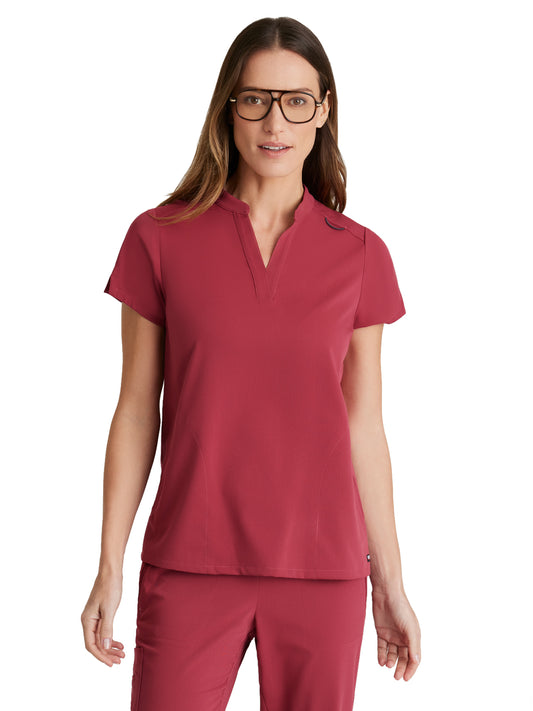 Women's 2 Pocket Banded Collar Avery Top - GRST230 - Maple Red